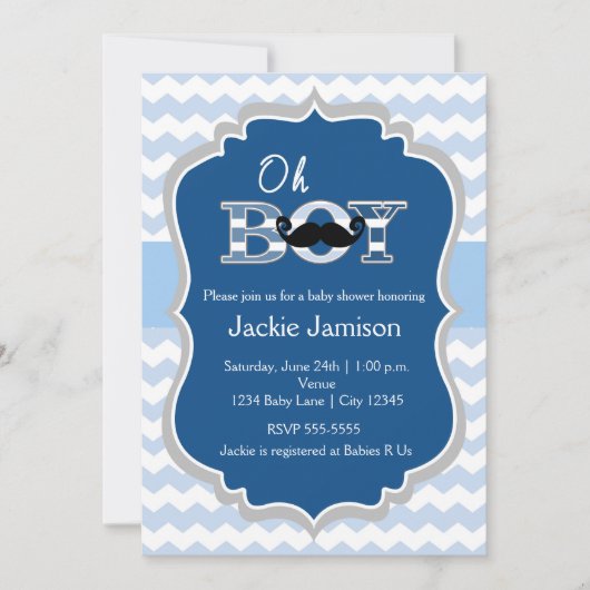 Boy Blue Mustache Chevron Baby shower Uitnodiging (Voorkant)