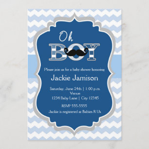 Boy Blue Mustache Chevron Baby shower Uitnodiging