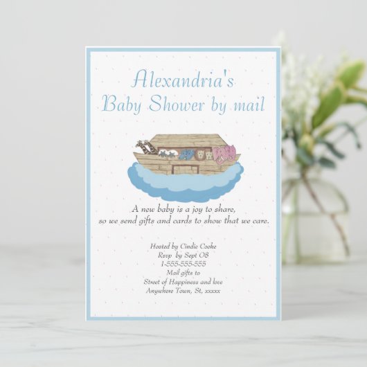 Boy Blue Noah Ark Baby shower per mail Uitnodiging (Staand voorkant)