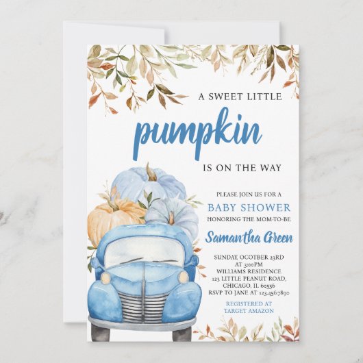 Boy Blue Pumpkin Truck Baby shower Kaart (Voorkant)