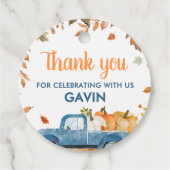 Boy Blue Pumpkin Truck Herfst Verjaardag Ronde Bedankjes Labels (Voorkant)