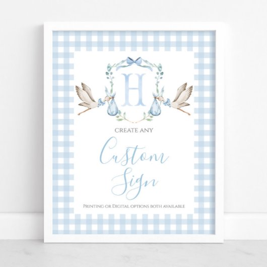 Boy Blue Stork Baby shower Custom Sign Poster