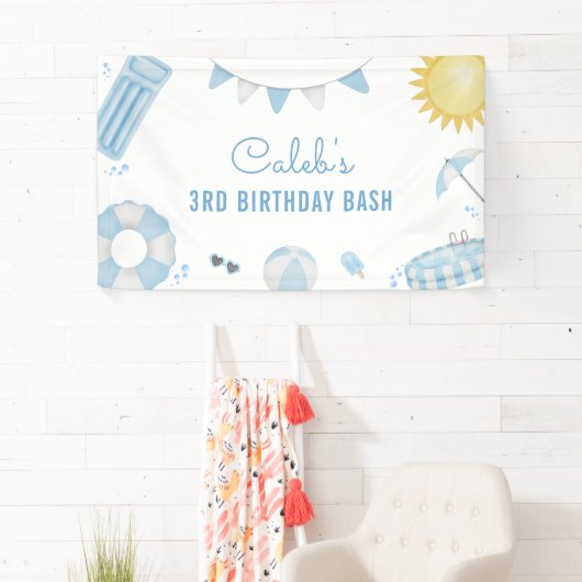 Boy Blue Summer Pool Party Verjaardagsbanner Spandoek (Insitu)