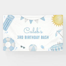 Boy Blue Summer Pool Party Verjaardagsbanner Spandoek