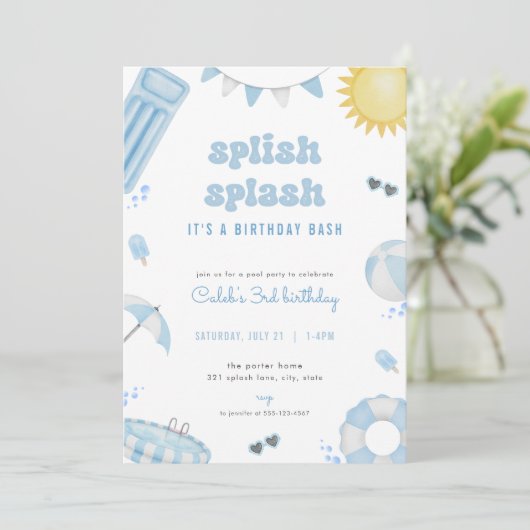 Boy Blue Summer Pool Party Verjaardagsuitnodiging Kaart (Staand voorkant)