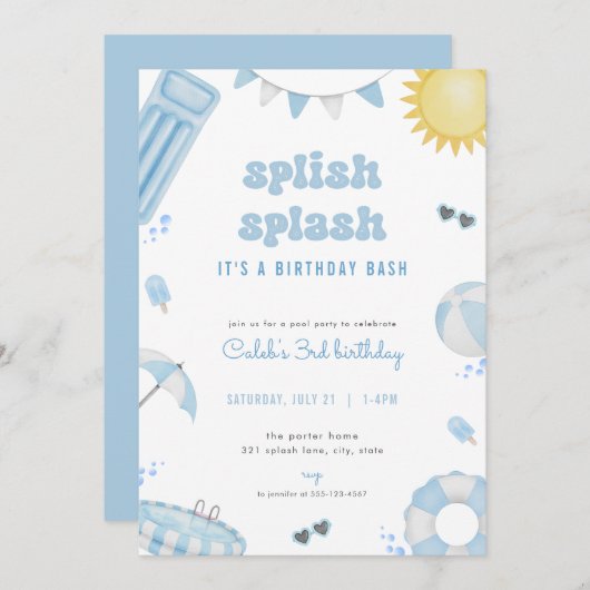 Boy Blue Summer Pool Party Verjaardagsuitnodiging Kaart (Voorkant / Achterkant)