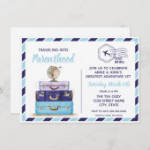 Boy Blue Travel Baby shower Invitation Kaart (Voorkant / Achterkant)