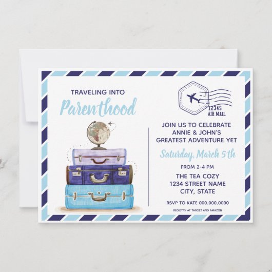Boy Blue Travel Baby shower Invitation Kaart (Voorkant)
