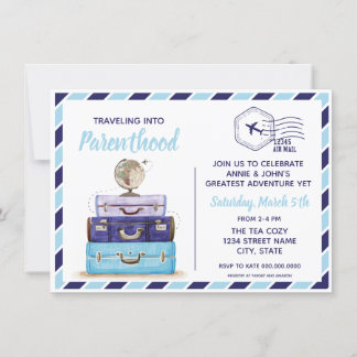 Boy Blue Travel Baby shower Invitation Kaart