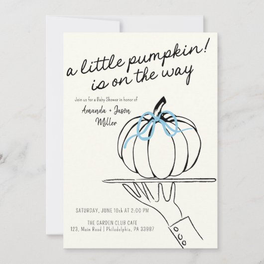 Boy Bow Herfst Baby shower Pompoenen hand getekend Save The Date (Voorkant)