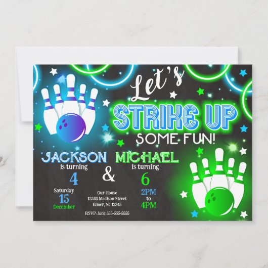Boy Bowling Invitation Glow Neon Joint Birthday Kaart (Voorkant)