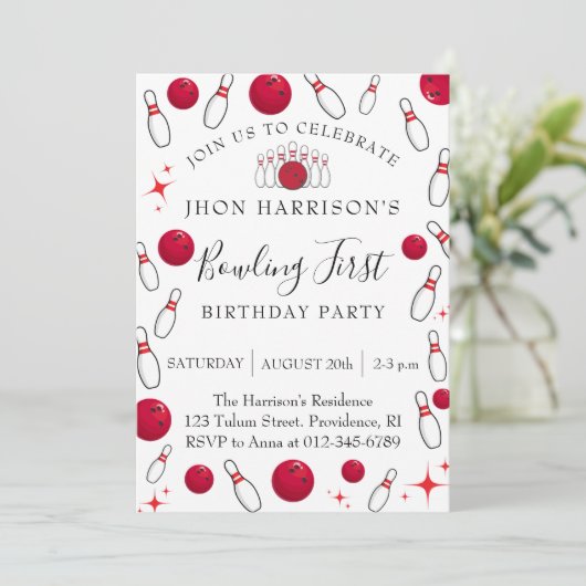 Boy Bowling Party 1st Birthday Kaart (Staand voorkant)