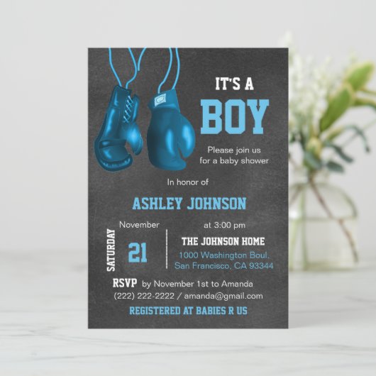 Boy Boxing Glove Blue Baby Shower Invitations Kaart (Staand voorkant)