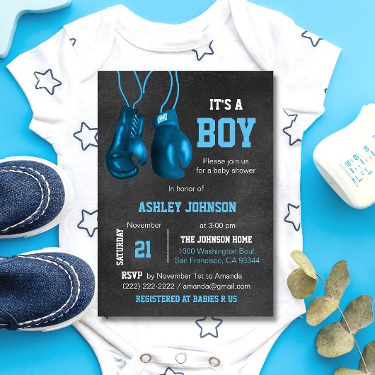 Boy Boxing Glove Blue Baby Shower Invitations Kaart