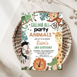 Boy Brown Green roept alle feestdieren verjaardag Kaart<br><div class="desc">Boy Brown Green Calling All Party Animals Verjaardagsuitnodiging Schattigee jongenssafari of wild thema elke leeftijdsverjaardagsuitnodiging met zes oerwouden. De achterkant van de uitnodiging is voorzien van een cheetah print patroon.</div>