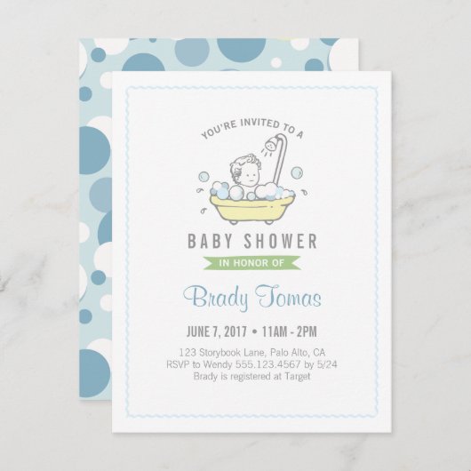 Boy Bubble Bath Baby shower Invitation Kaart (Voorkant / Achterkant)