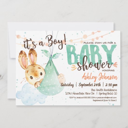 Boy Bunny Baby shower Invitation Kaart (Voorkant)