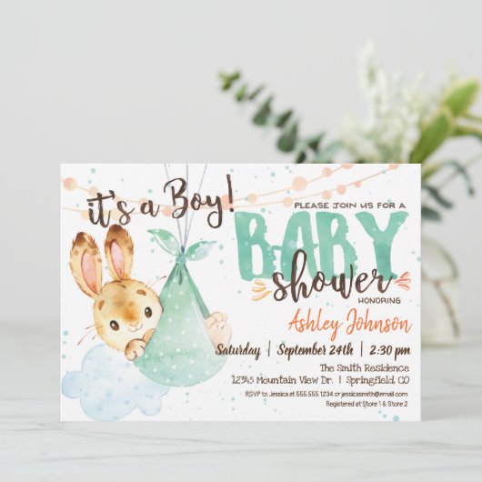 Boy Bunny Baby shower Invitation Kaart (Staand voorkant)