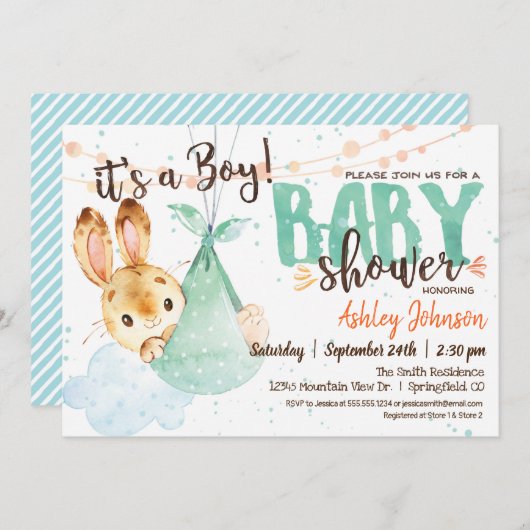 Boy Bunny Baby shower Invitation Kaart (Voorkant / Achterkant)