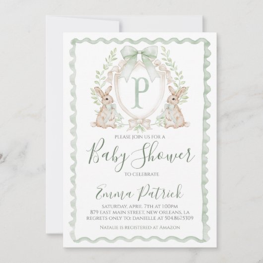 Boy Bunny Rabbit Baby shower Preppy Sage Green Kaart (Voorkant)