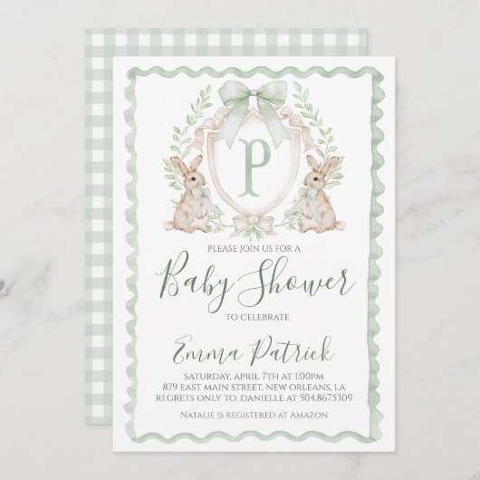 Boy Bunny Rabbit Baby shower Preppy Sage Green Kaart (Voorkant / Achterkant)