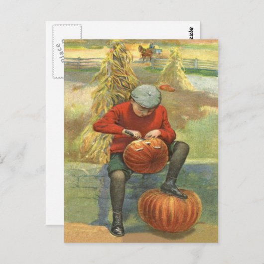 Boy Carving Jack O Lantern Pumpkin Briefkaart (Voorkant / Achterkant)