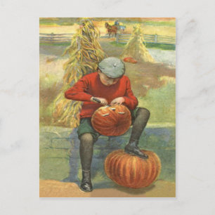 Boy Carving Jack O Lantern Pumpkin Briefkaart