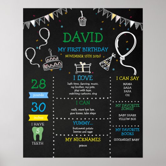 Boy Chalkboard First Birthday Milestone Poster (Voorkant)