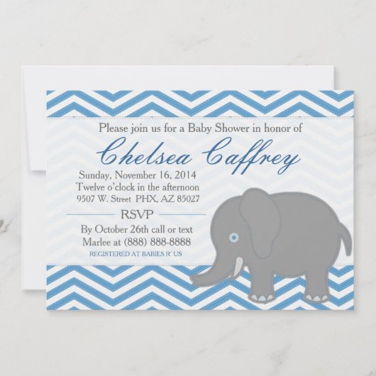 Boy Chevron Elephant Stitch Baby shower Invitation Kaart (Voorkant)