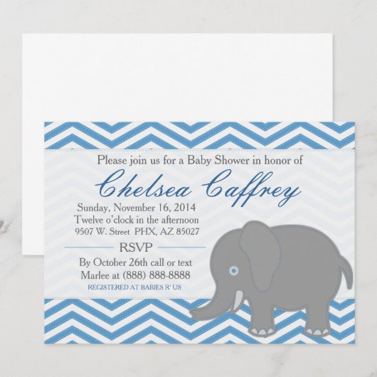 Boy Chevron Elephant Stitch Baby shower Invitation Kaart (Voorkant / Achterkant)