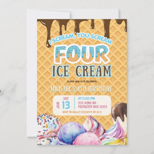 Boy Chocolate Drip Waffle Ice Cream 4e verjaardag Kaart (Voorkant)