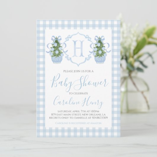 Boy Christmas Baby shower Preppy Gingham Blue Kaart (Staand voorkant)