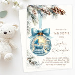 Boy Christmas Ornament Winter Baby shower Kaart<br><div class="desc">Vier de komst van je baby met deze prachtige baby shower-uitnodiging met een winterwonderland-thema! Met een schattig blauw baby wieg en schommelstoel verscholen in een gloeiend vakantie ornament, dit ontwerp creëer een magische en gezellige wintersfeer. Zachte pijnboomtakken, dennenappels en een blauw lint dragen bij aan de feestelijke charme, waardoor het...</div>