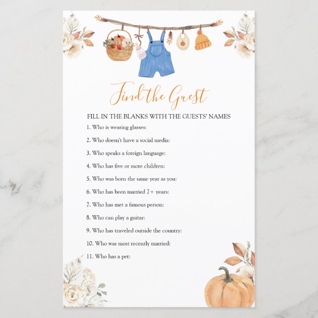 Boy Clothes Pumpkin Baby shower Zoek de gast (Voorkant)