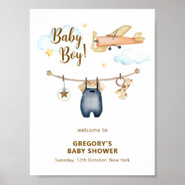 Boy Clothesline Airplane Sky Baby Shower Welcome  Poster