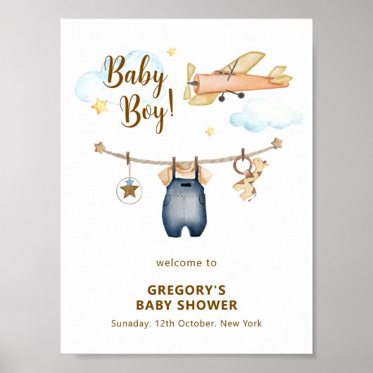 Boy Clothesline Airplane Sky Baby Shower Welcome  Poster (Voorkant)