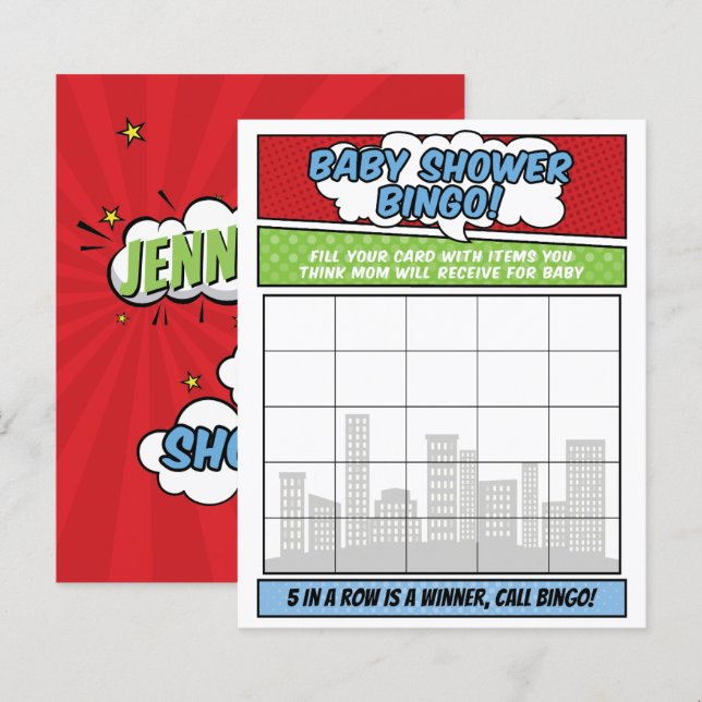 Boy Comic Book Superhero Baby shower Bingogame (Voorkant / Achterkant)