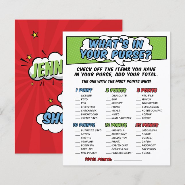 Boy Comic Book Superhero Baby shower Purse spel (Voorkant / Achterkant)