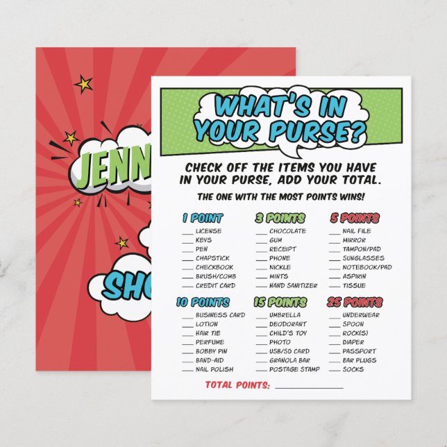 Boy Comic Book Superhero Baby shower Purse spel (Voorkant / Achterkant)