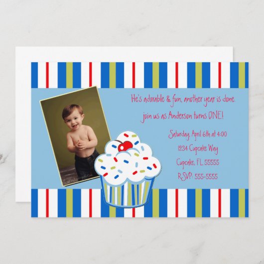 Boy Confetti Cupcake nodigt uit Kaart (Voorkant / Achterkant)