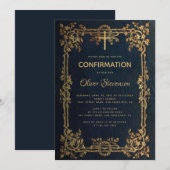 Boy Confirmation Blauw Gouden Bladeren & Cross Kaart (Voorkant / Achterkant)