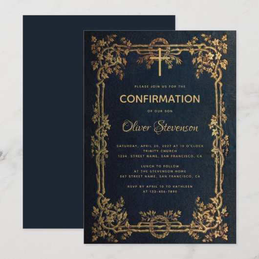 Boy Confirmation Blauw Gouden Bladeren & Cross Kaart (Voorkant / Achterkant)