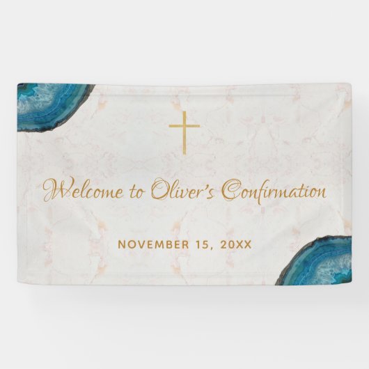 Boy Confirmation Blue Geode Script Marble Welkom Spandoek (Horizontaal)