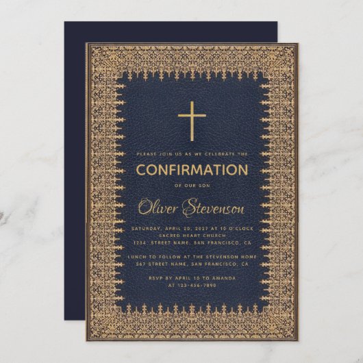 Boy Confirmation Blue Lijst Gold Cross Kaart (Voorkant / Achterkant)