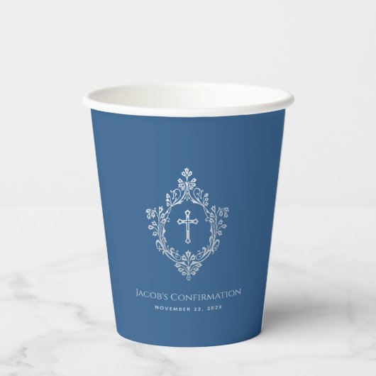 Boy Confirmation Classic Blue Cross Crest Papieren Bekers (Achterkant)