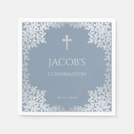 Boy Confirmation Dusty Blue Elegant Zilveren Blade Servet (Voorkant)