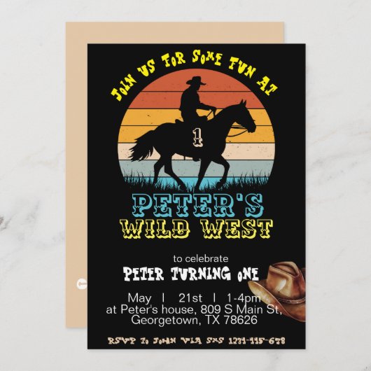 Boy Cowboy Verjaardagsuitnodiging, bewerkbaar Mijn Kaart (Voorkant / Achterkant)