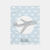Boy Cute Blue Airplane met naam Kinder Fleece Deken (Voorkant)