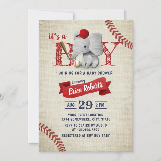 Boy Cute Elephant Baseball Baby shower Kaart (Voorkant)