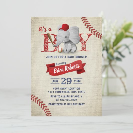 Boy Cute Elephant Baseball Baby shower Kaart (Staand voorkant)